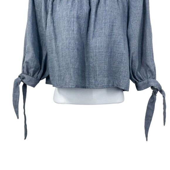 Lulu's Tender Moments Chambray Off the Shoulder Tie Sleeve Cropped Blouse Top - Picture 6 of 10